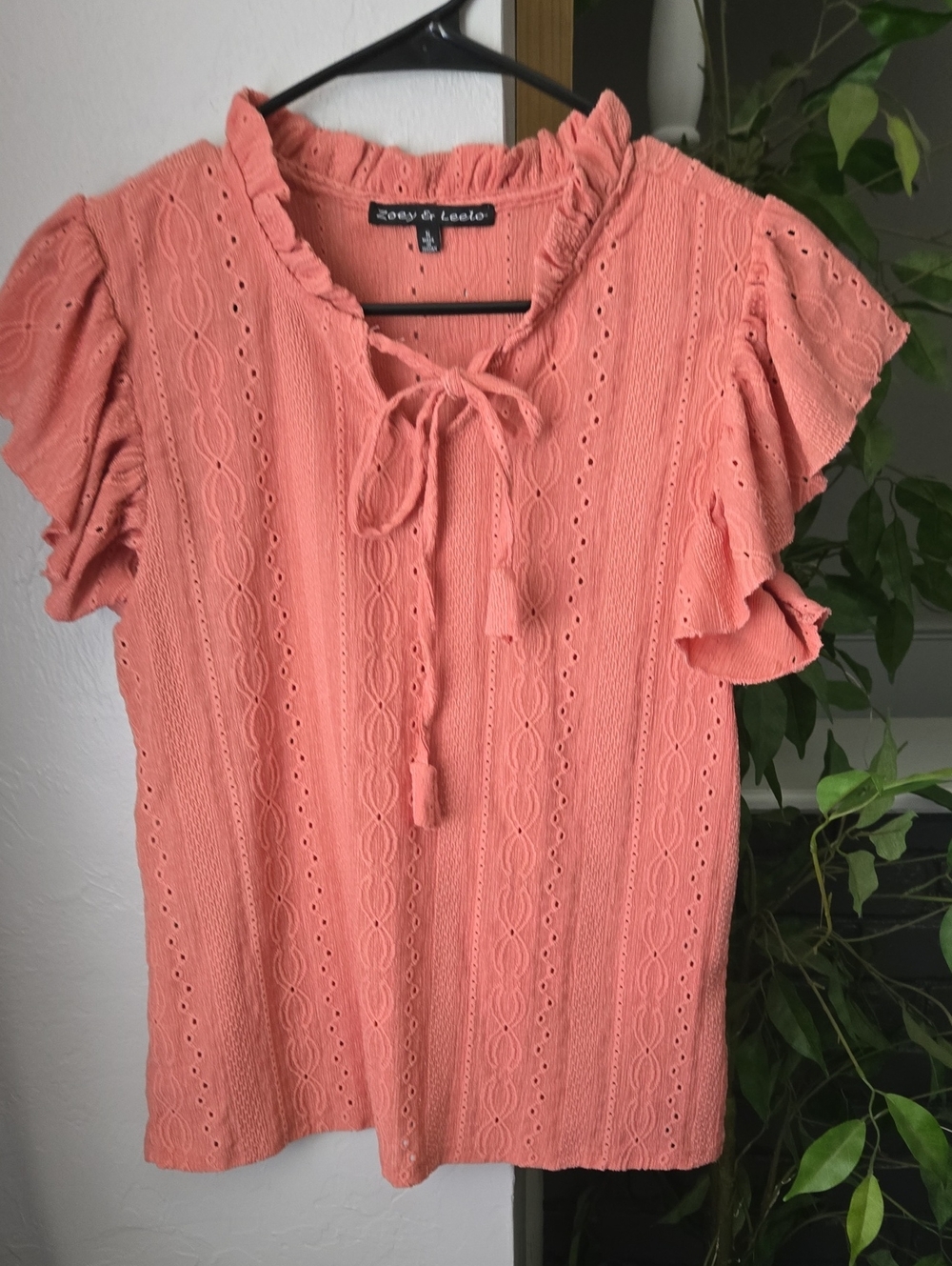Zoey & Leelo Coral Eyelet Tie-Front Ruffle Sleeve Blouse
